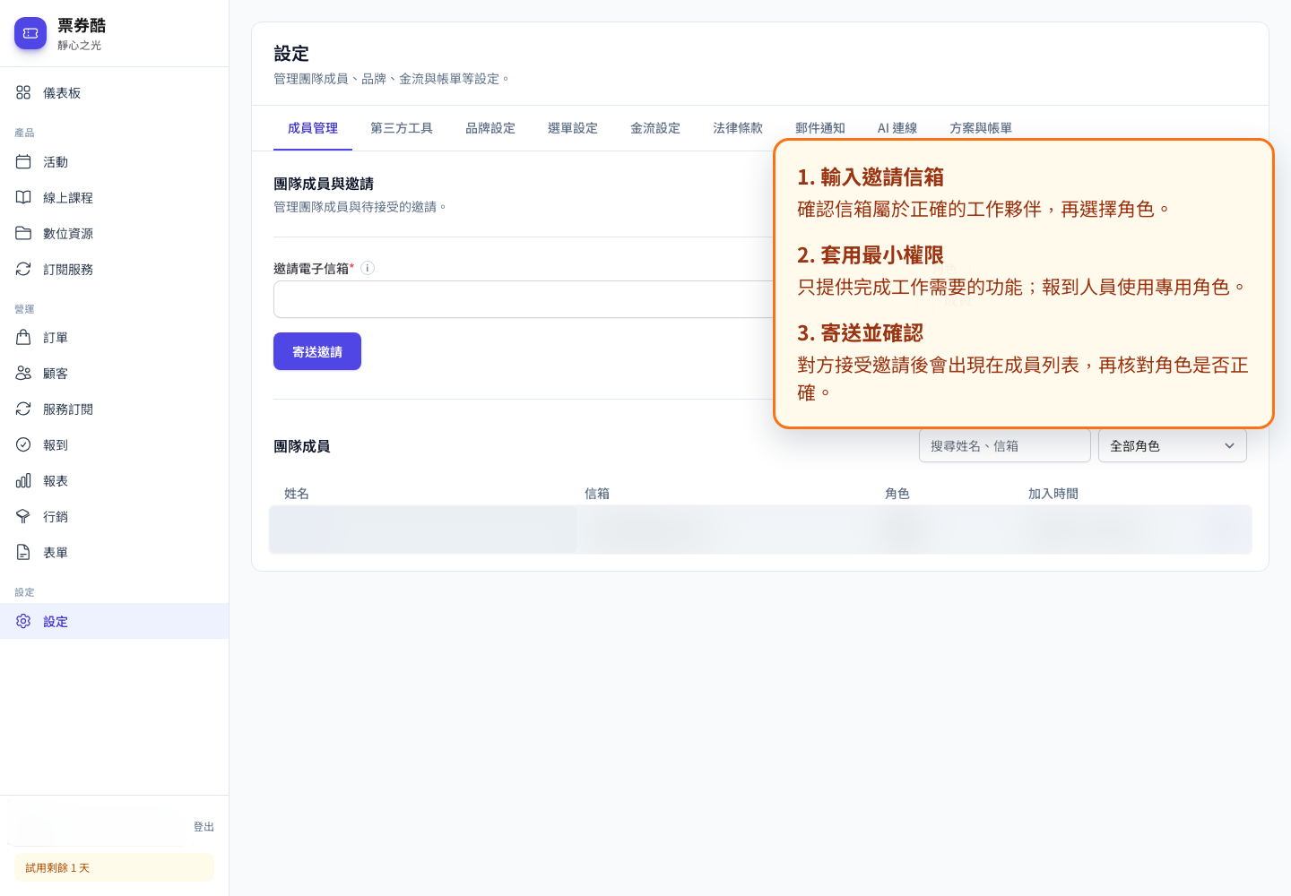 成員邀請、角色選擇與成員列表