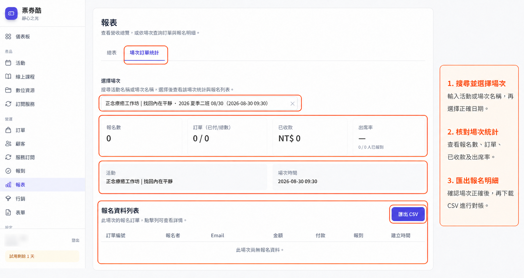 場次訂單統計、報名摘要與匯出功能