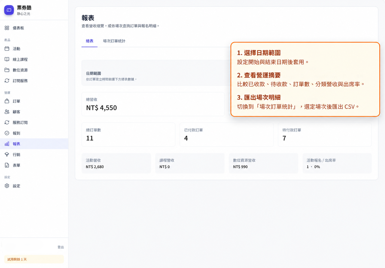 營運報表日期篩選與場次明細功能