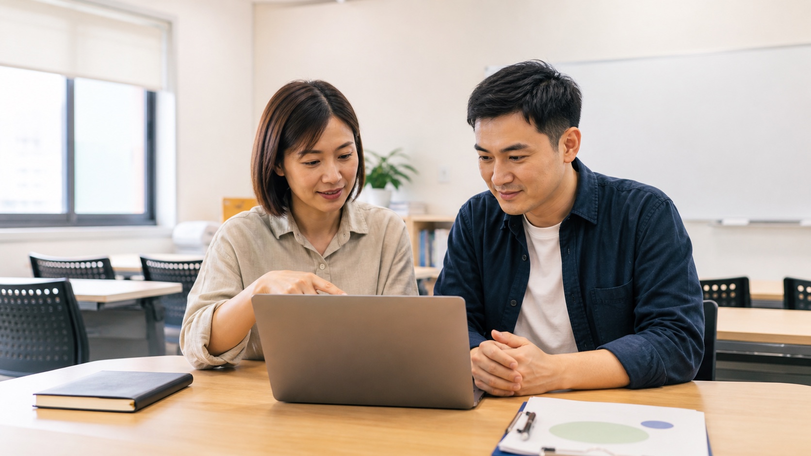 講師在明亮教室與學員確認課程日期並安排轉班與補課