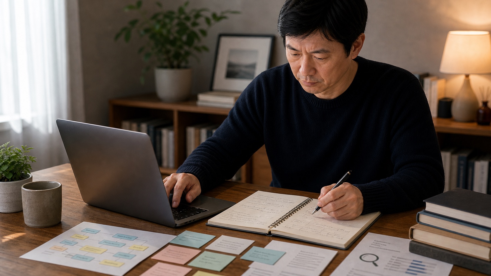 講師在桌前研究 SEO 關鍵字並規劃課程題目