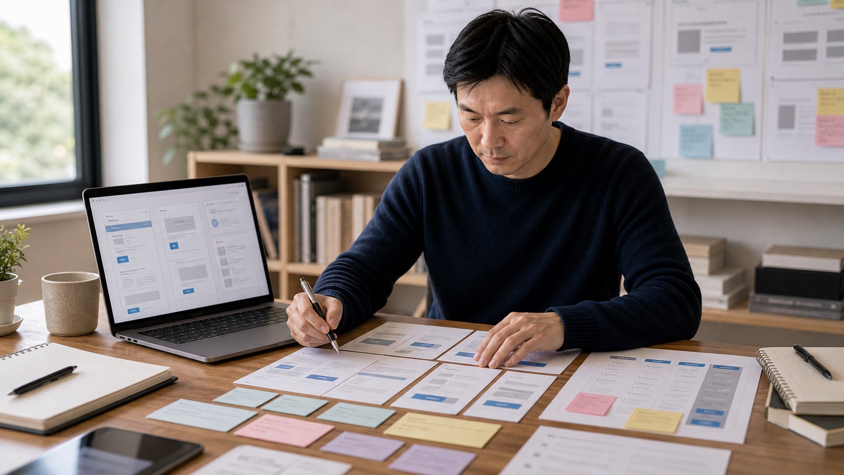 講師在桌前規劃課程頁 CTA 與報名按鈕布局