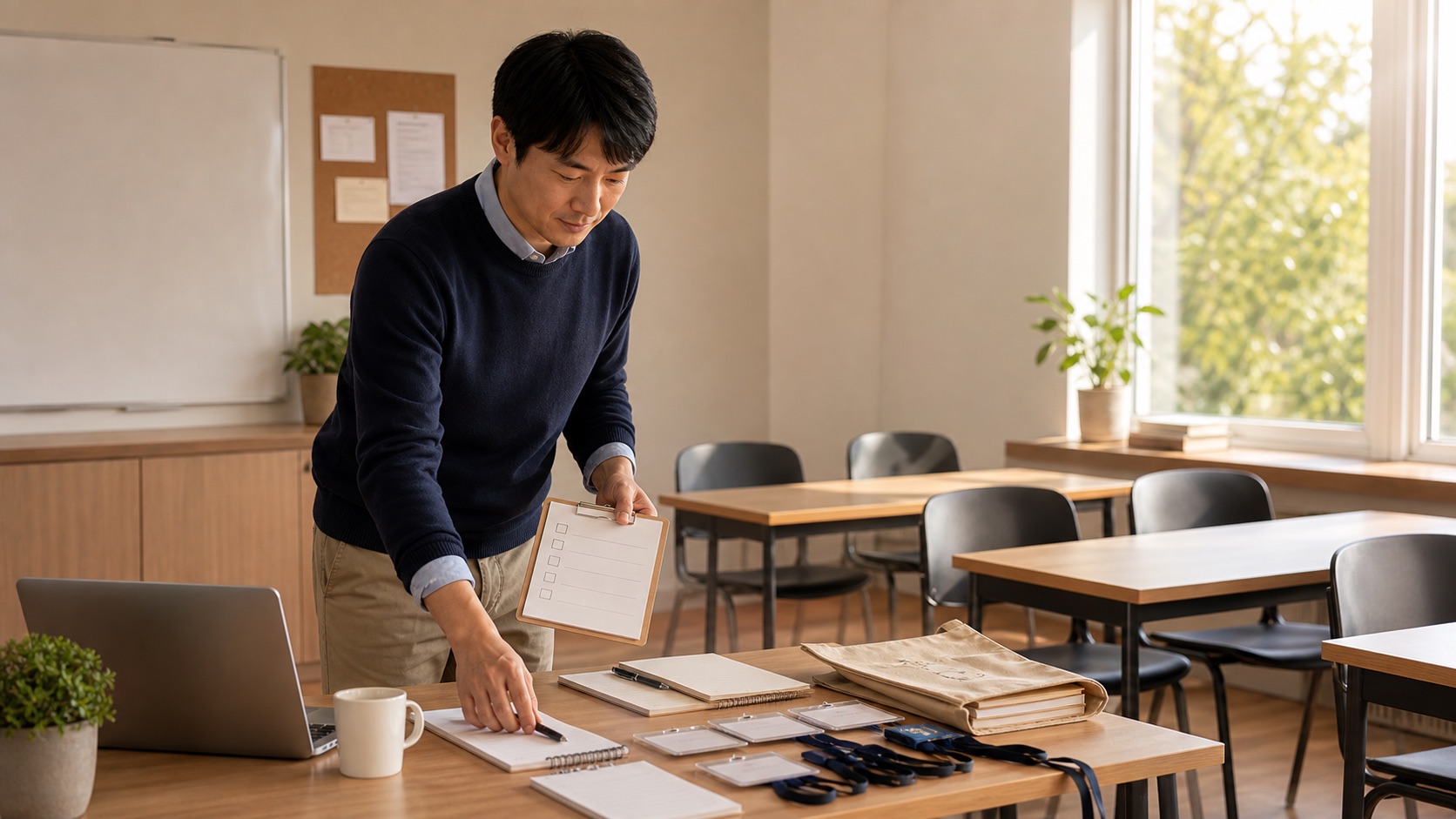 講師在工作坊教室整理座位名額與報名資料