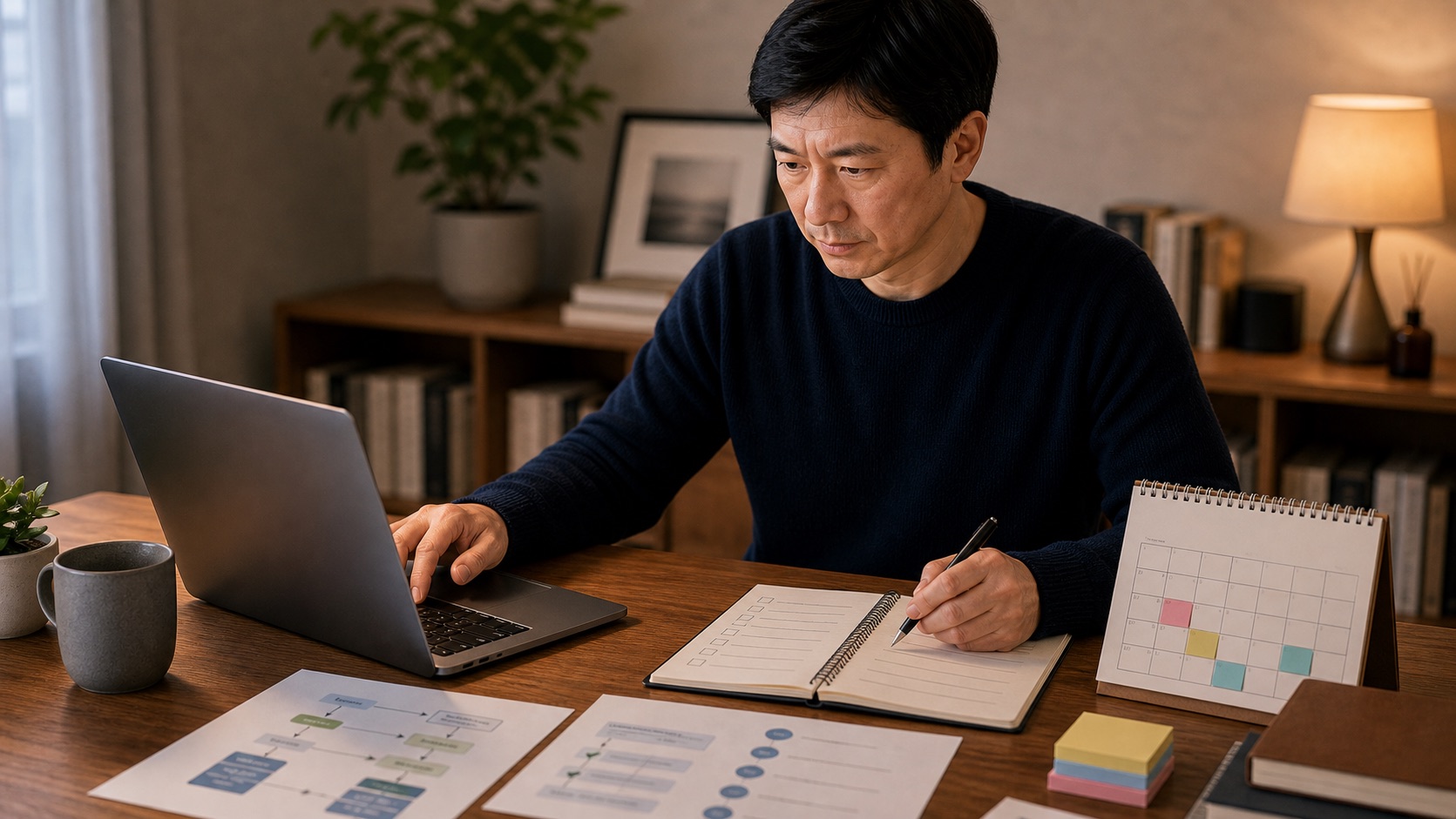 講師在桌前檢查課程報名付款與課前提醒流程