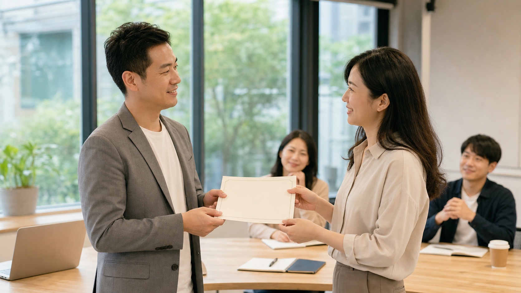 亞洲講師在明亮教室將無文字完課證書交給成年學員的寫實情境