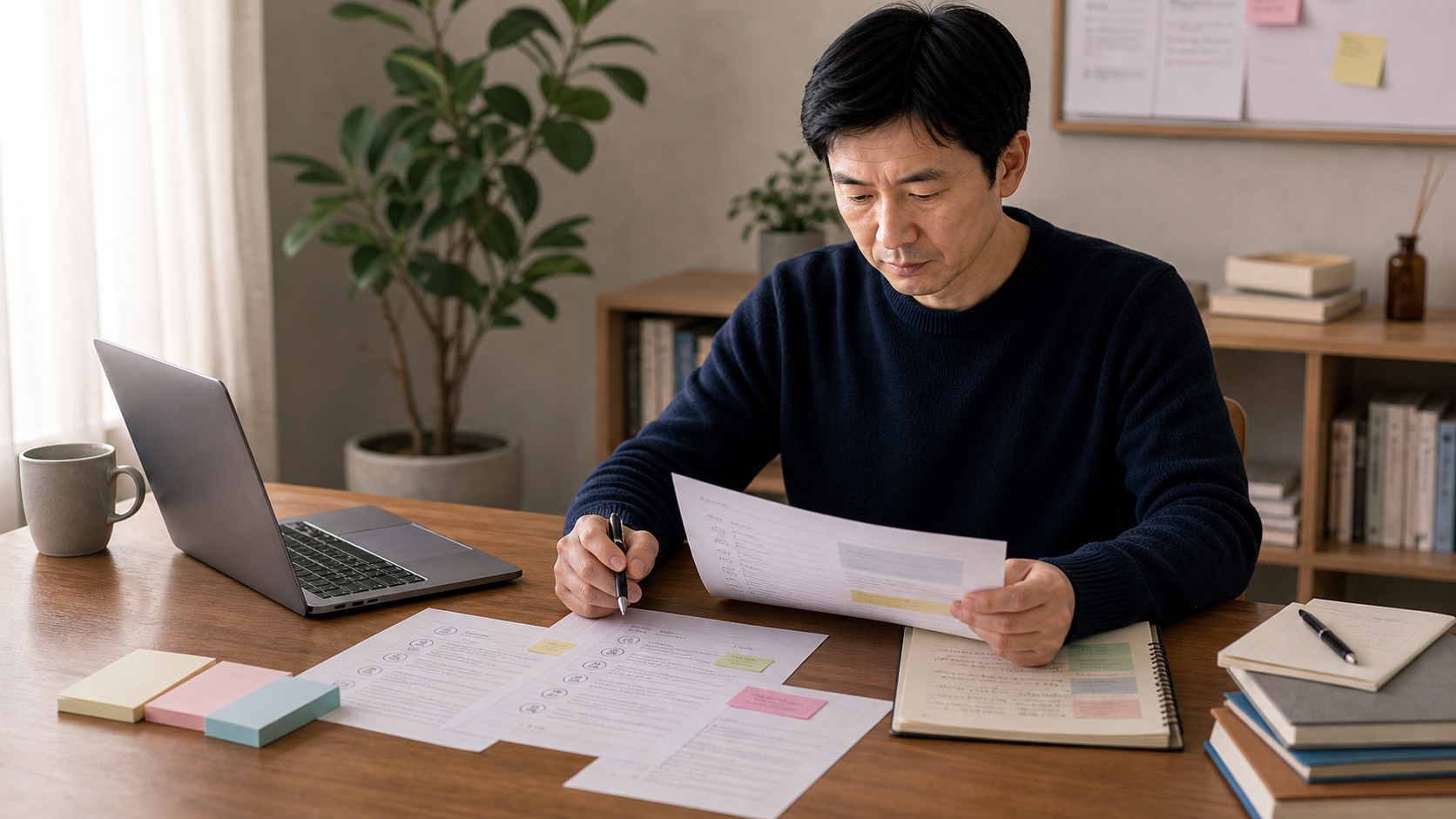講師在桌前整理課程回訪問卷與學員回饋