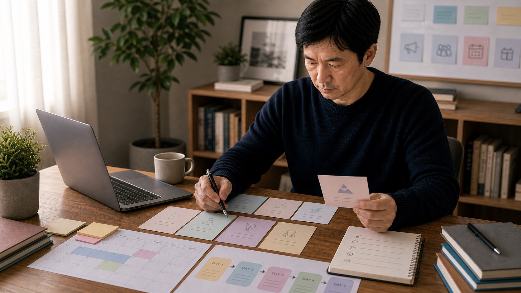 講師在桌前規劃 3 到 5 天課前挑戰活動與名單承接