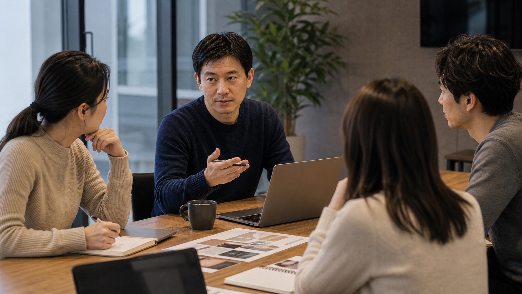 講師與合作夥伴在會議桌前討論課程招生合作