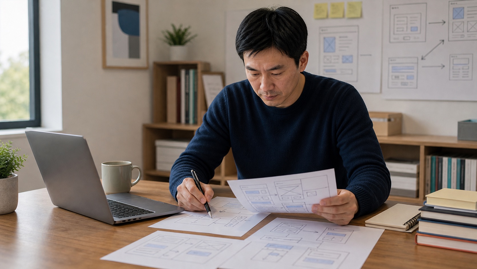 講師在桌前規劃課程 landing page 架構與付款流程