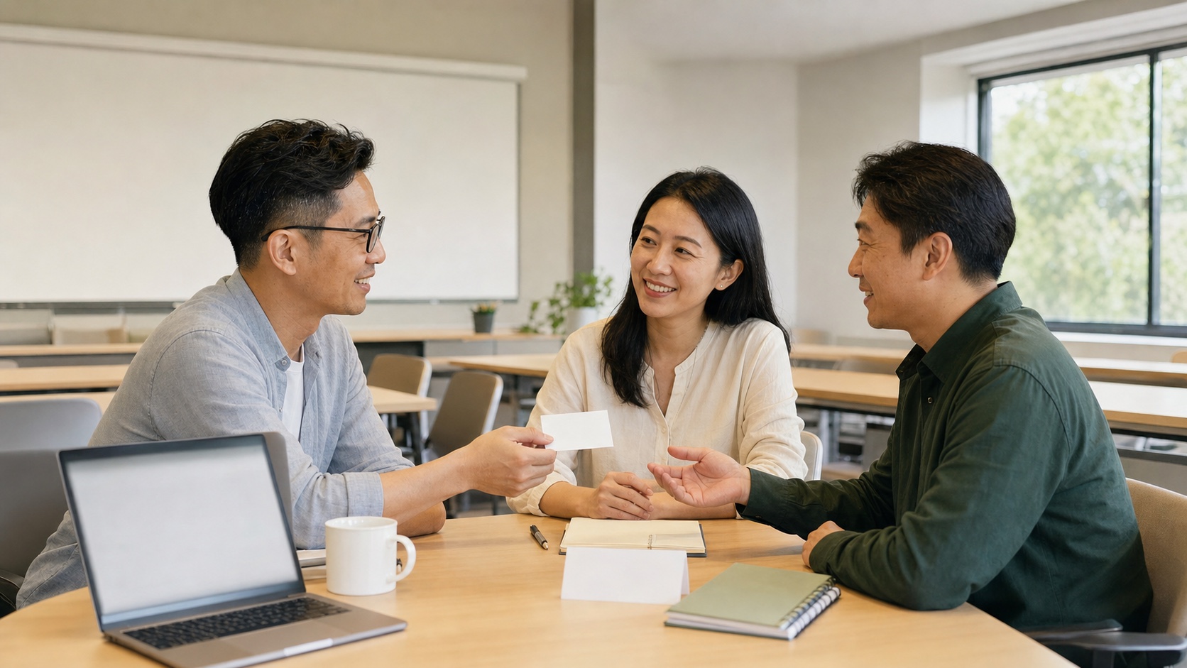 亞洲講師與結業學員在明亮教室交流課程推薦卡片的寫實情境
