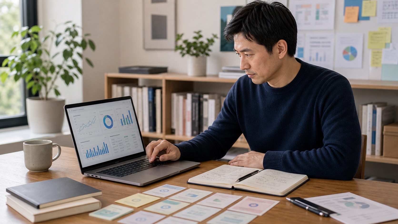 講師在桌前檢視課程招生 KPI 儀表板與目標筆記