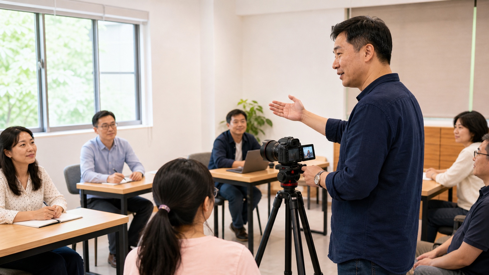 講師在明亮教室架設攝影機並與學員確認課程拍攝安排