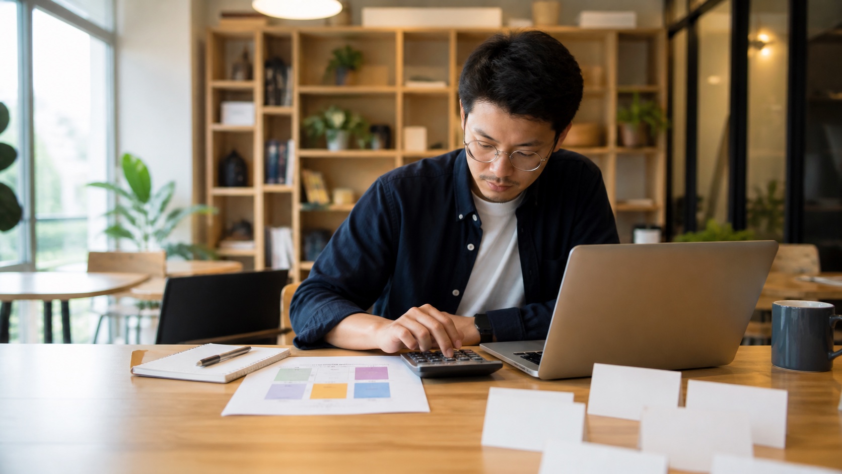 講師在工作桌前計算課程最低開班人數與損益門檻