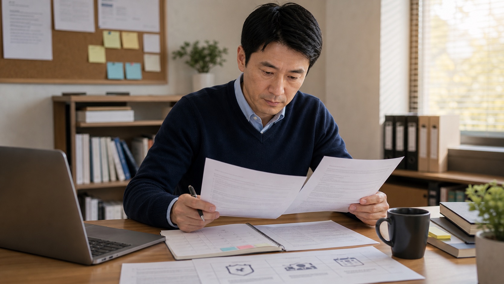講師在桌前檢視課程退款與補課規則文件