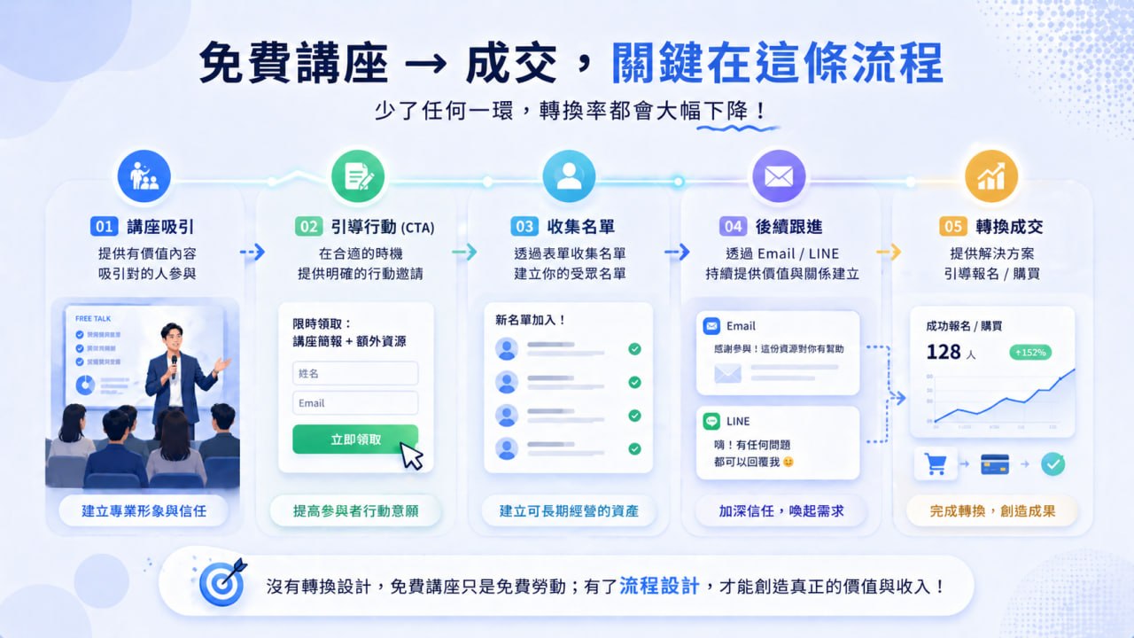 免費講座到成交之間關鍵轉換流程的內文圖